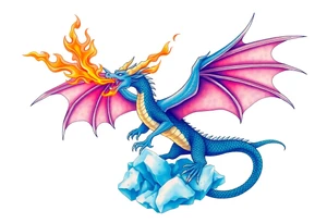 Blue fire breathing dragon with wings spread flying over ice tattoo idea