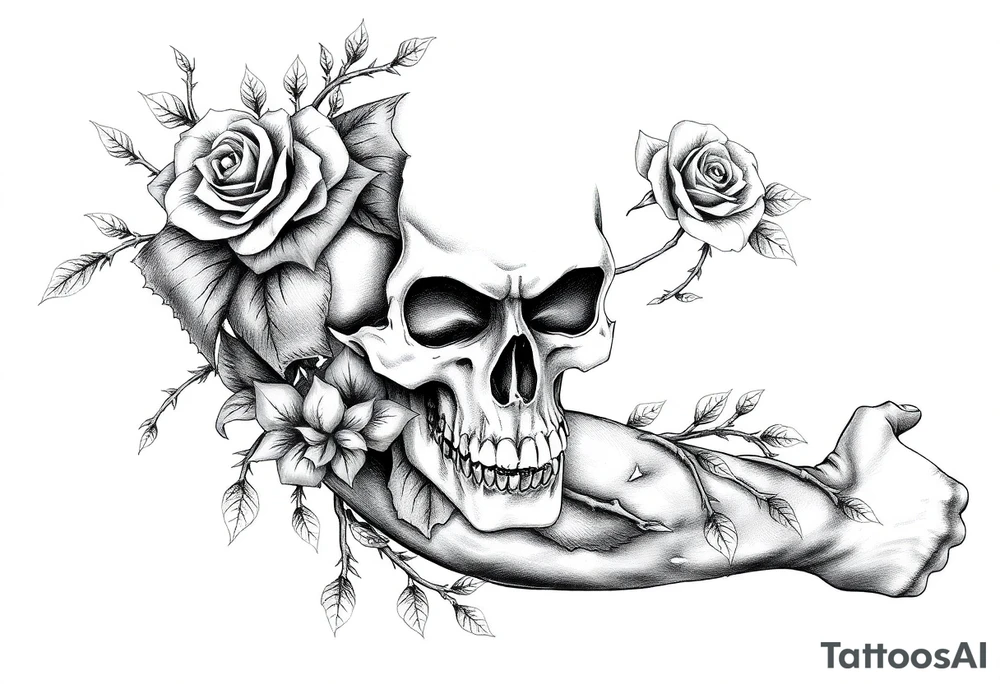gothic skull intertwined with climbing roses and thorny vines tattoo idea