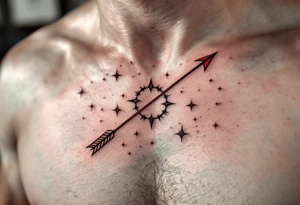 A fine-line Sagittarius star constellation tattoo with a bold red arrow shooting across the stars on the ribcage. tattoo idea