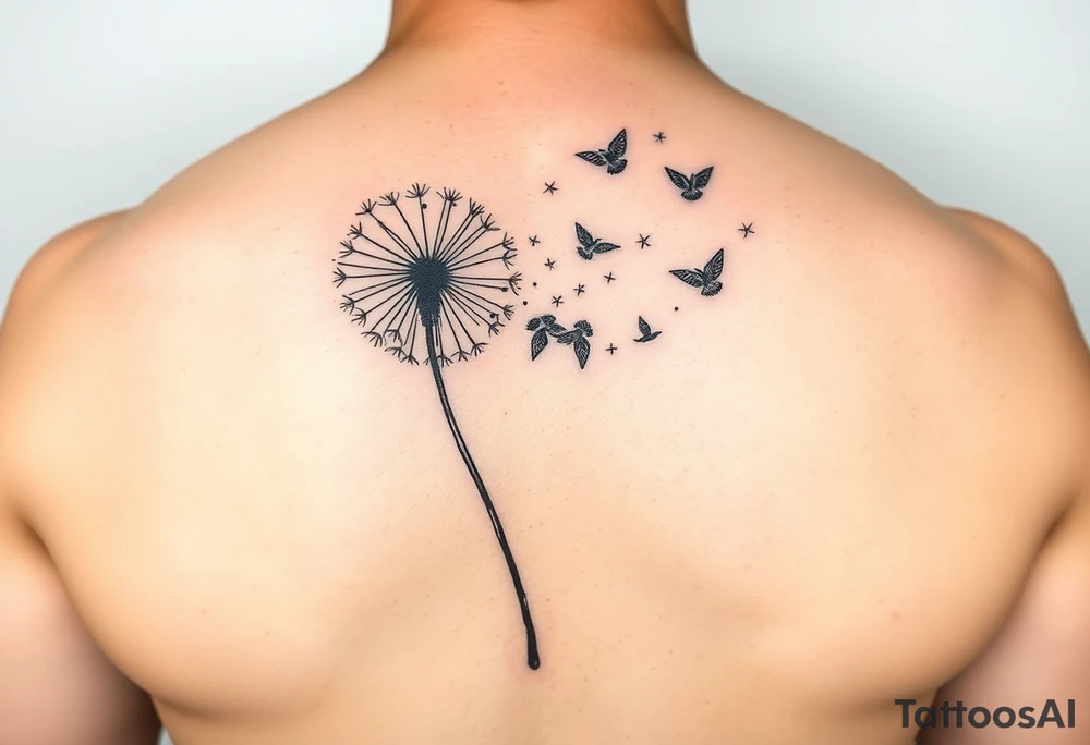 A dandelion with its leaves blowing away and turning into birds that fly up and create a waterfall tattoo idea