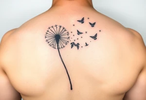 A dandelion with its leaves blowing away and turning into birds that fly up and create a waterfall tattoo idea