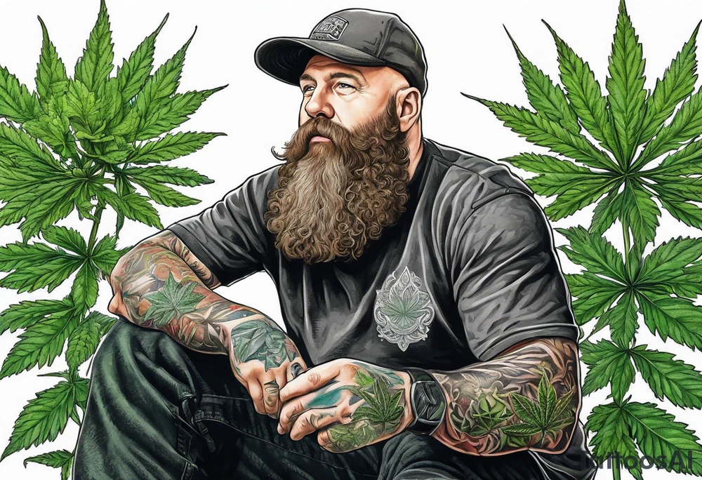 very big bald irish guy with beard and sitting on a cannabis plant tattoo idea