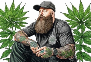 very big bald irish guy with beard and sitting on a cannabis plant tattoo idea