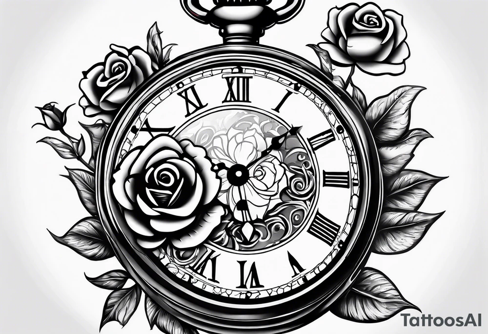 Pocket watch with chain and roses tattoo idea