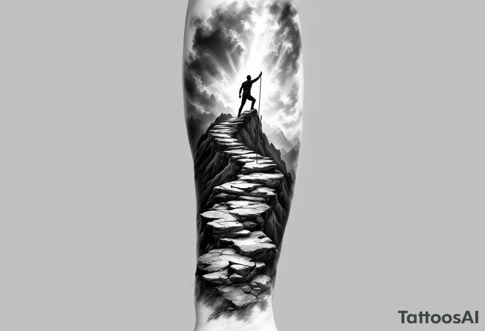 A black and grey tattoo sleeve design featuring a rugged mountain path winding upwards, symbolizing perseverance. A lone figure climbs the path with torn but determined hands gripping a rope. The background fades into storm clouds with rays of light breaking through, symbolizing divine favor. The texture of the tattoo is realistic with fine details, blending elements of stoicism, grit, and faith. The design flows seamlessly from forearm to upper arm, with darker tones at the bottom and lighter tones at the top. tattoo idea