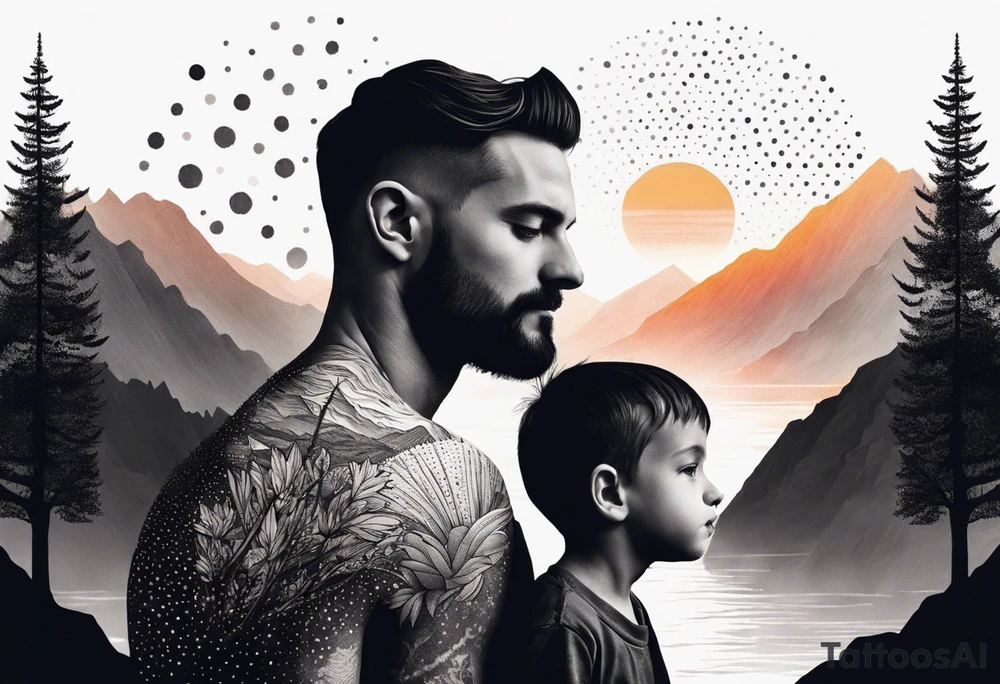 a father and son in the mountains with  a waterfall and cross in the background and a sunset tattoo idea