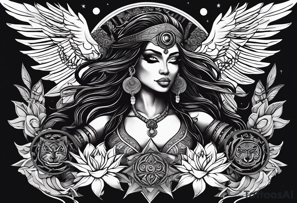black kali, goddess pirate, alien, angel, pachamama, valkrye, warrior, flying, skull, lotus azul, wing, eagle, zenza resonance, stars, 5D, anahata chakra, death, durga, riding on a tiger, flying lady, kundalini, chest tatoo, rebel tattoo idea