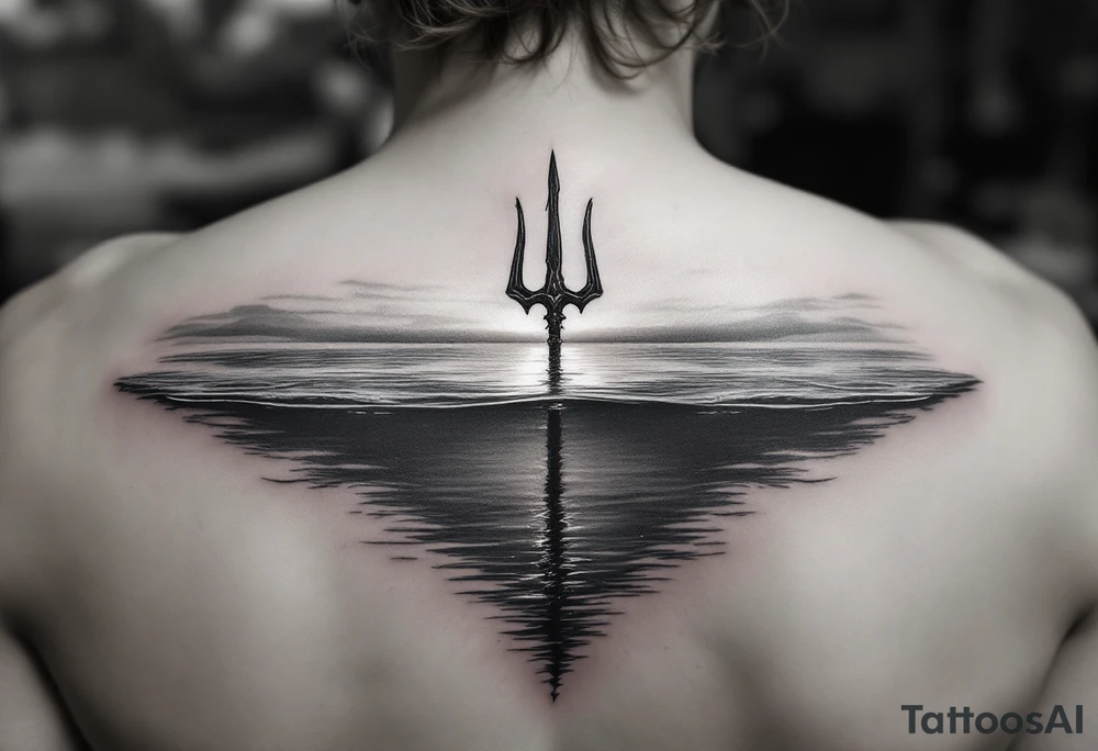 trident half way under calm water with sunset tattoo idea