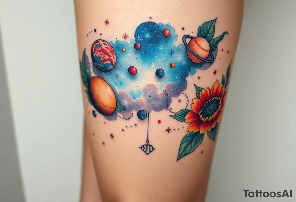 Milky way galaxy with planets with zodiac symbols and protection runes with red roses and sunflowers tattoo idea