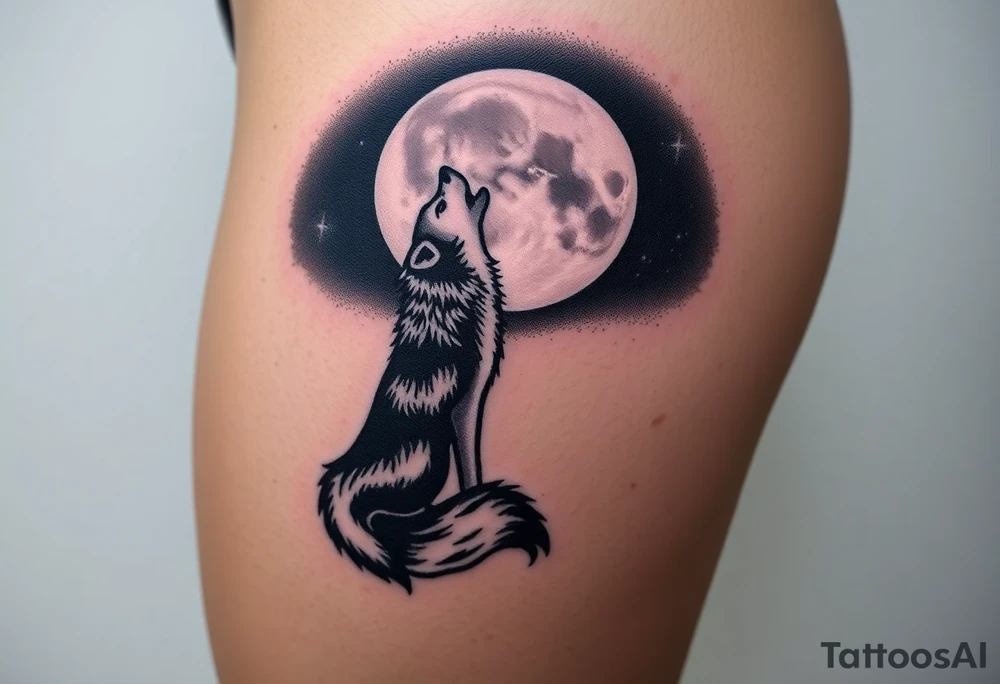 lone wolf howling at full moon with northern lights backdrop tattoo idea