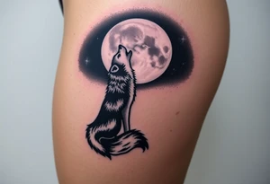 lone wolf howling at full moon with northern lights backdrop tattoo idea
