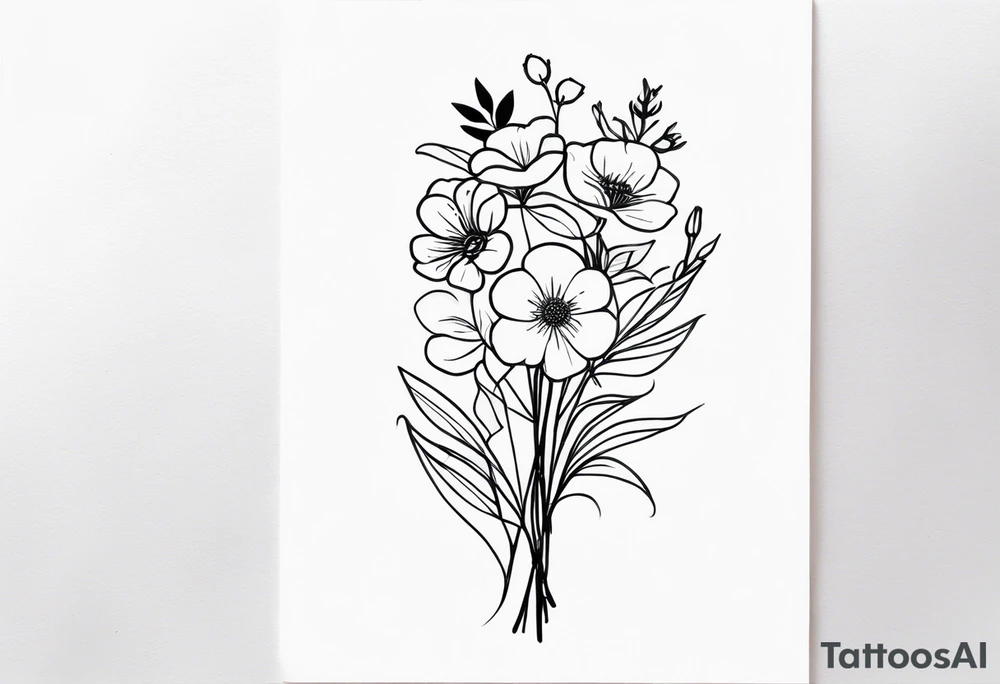 Flower bouquet with 5 flowers skinny tattoo idea