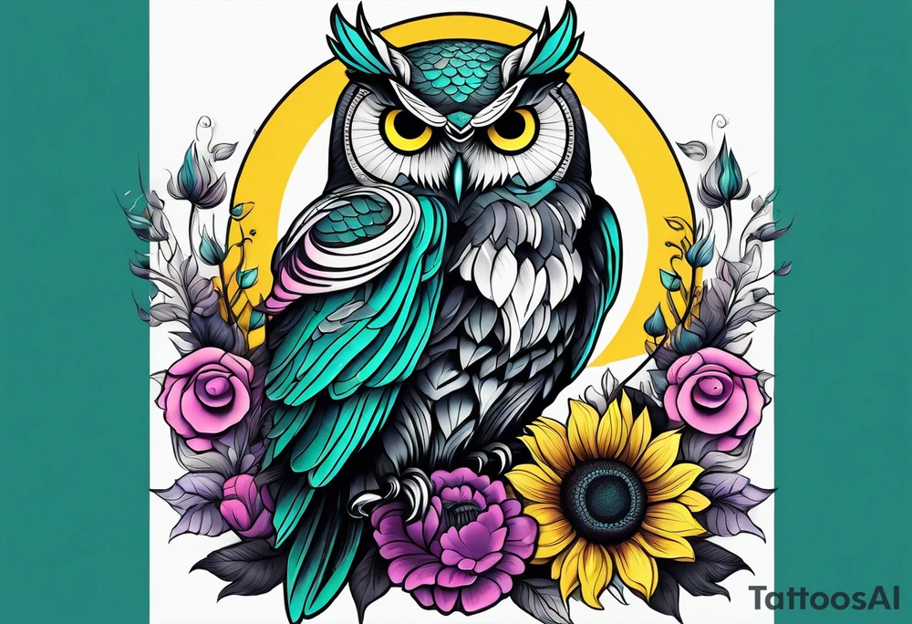 Black and white owl shaded teal, pink and purple surrounded by yellow sunflowers sleeve tattoo idea