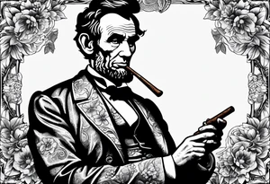 Abraham Lincoln smoking a cigar  in a flowered suit jacket doing karate poses tattoo idea