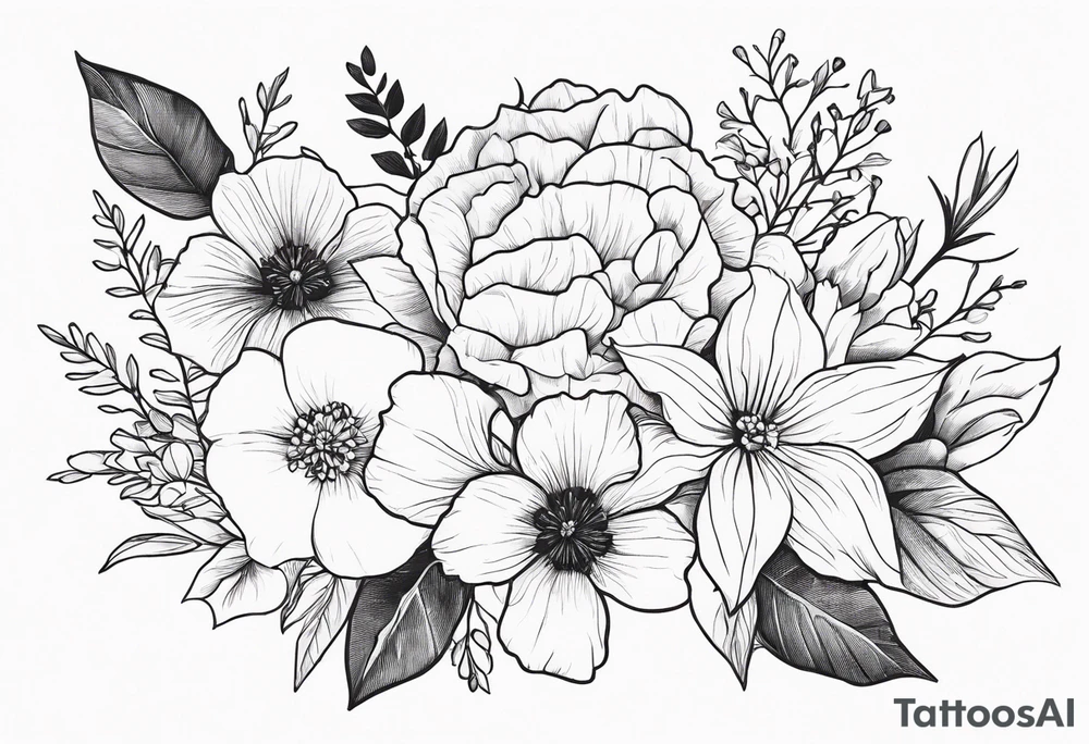 Floral Bouquet with blue hydrangea, Gladiolus, Poppy, Daisy, Sweet Pea, Narcissus, Poinsettia, and Holly tattoo idea