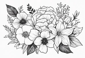 Floral Bouquet with blue hydrangea, Gladiolus, Poppy, Daisy, Sweet Pea, Narcissus, Poinsettia, and Holly tattoo idea
