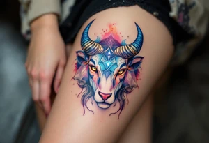 Like a cosmic guardian, Taurus watches with ochre eyes and glowing indigo horns. tattoo idea
