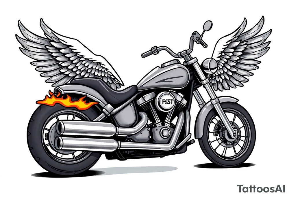 Low rider grey motorcycle, big muffler pipes with flames, angel wings, driving away, no person tattoo idea