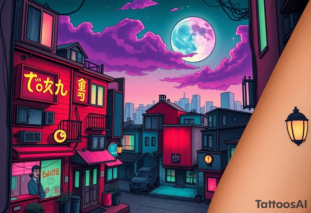 Tim Burton’s haunted pastel Tokyo apartment from the street view is littered in neon signs and dripping with muted reds, dusty pinks, and eerie green glow.purple and cyan smokey clouds swirl in the crescent moonlit sky thats sprinkled with stars tattoo idea tattoo idea