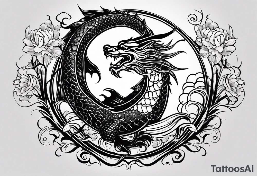 I'm seeking a tattoo design that combines the majestic imagery of dragons with the graceful beauty of koi fish. The dragons should represent strength, power, and resilience, while the koi fish symbolize perseverance and the ability to overcome adversity.

I envision a scene where the dragons and koi fish are intertwined, perhaps in a dynamic pose that suggests movement and determination. The dragons could be depicted in a fierce yet elegant manner, with intricate details such as scales and flowing mane-like features. Meanwhile, the koi fish should exude a sense of fluidity and grace, swimming fearlessly alongside the dragons.

In terms of composition, I'd love for the dragons and koi fish to interact harmoniously, perhaps with the dragons offering protection or guidance to the koi fish as they navigate turbulent waters. Elements like swirling waves or cascading waterfalls could further enhance the symbolism of overcoming obstacles.

Overall, I'm looking for a design that is both visually striking and meaningful, capturing the essence of strength and resilience in the face of challenges. I'm open to artistic interpretations and creative flourishes that bring this concept to life in a unique and compelling way tattoo idea