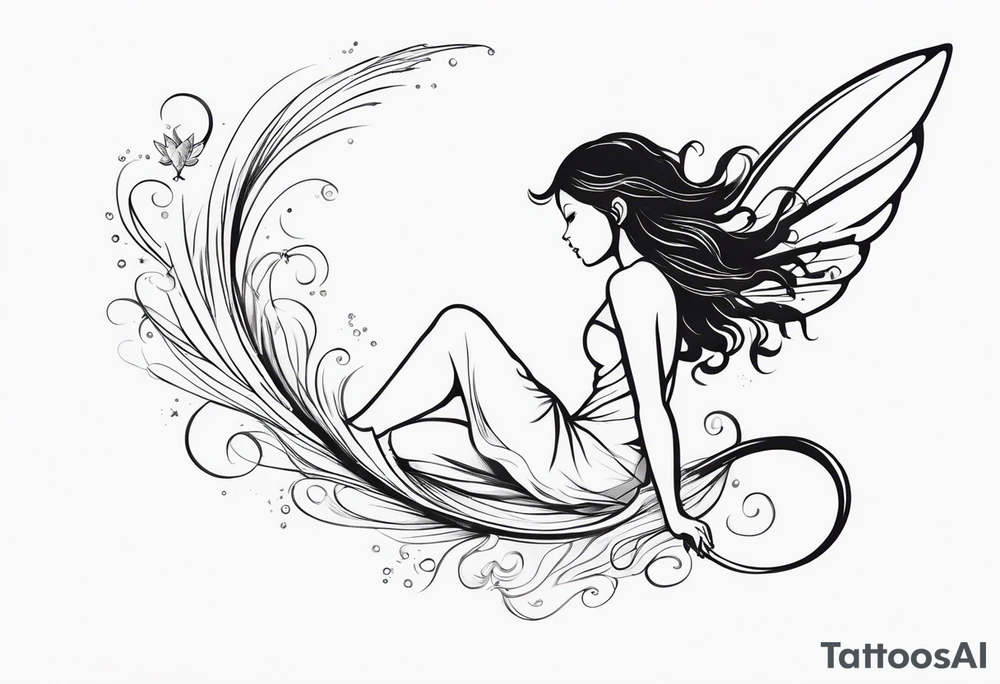 Minimalistic, monochromatic fairy with a tail flying to the left in a fetal position, leaning and looking in the same direction, with visible hands, embodying the 'Fairy Tail' logo aesthetic. tattoo idea