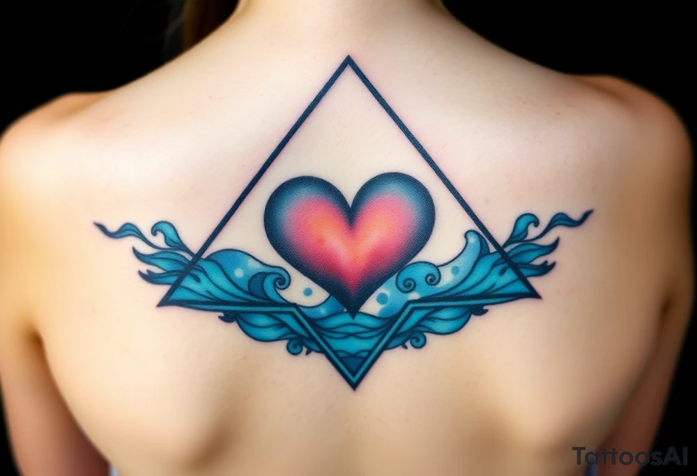 A triangle with a big heart in the center with an ocean travel theme tattoo idea