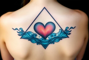 A triangle with a big heart in the center with an ocean travel theme tattoo idea