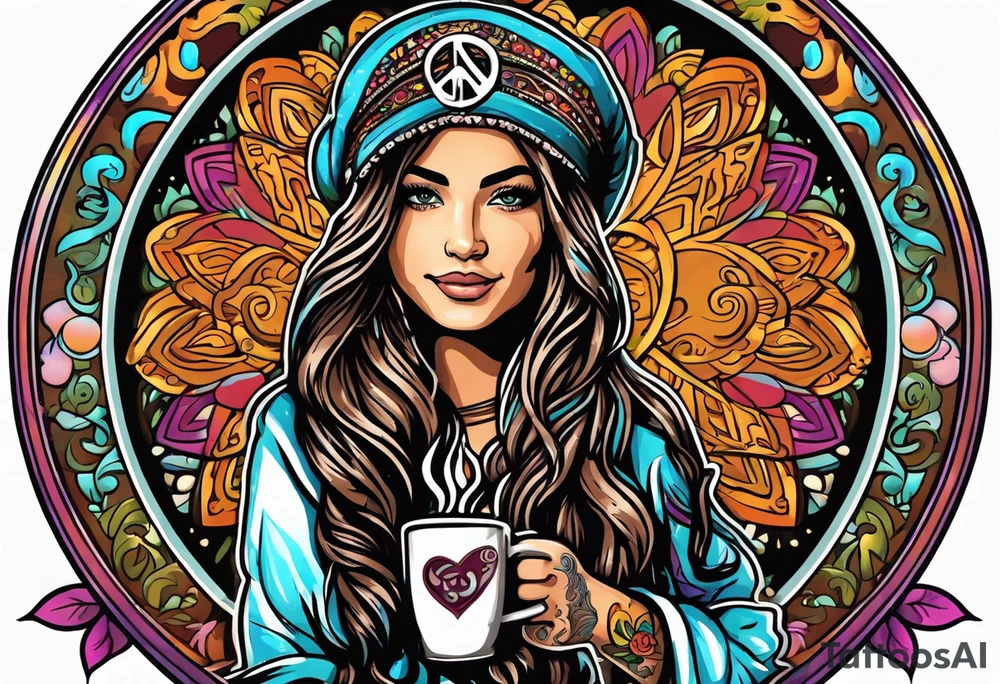 Groovy Coffee shop logo with hippie girl holding a peace sign on hand, peace sign on coffee mug tattoo idea