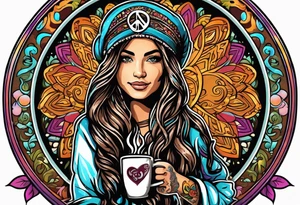 Groovy Coffee shop logo with hippie girl holding a peace sign on hand, peace sign on coffee mug tattoo idea
