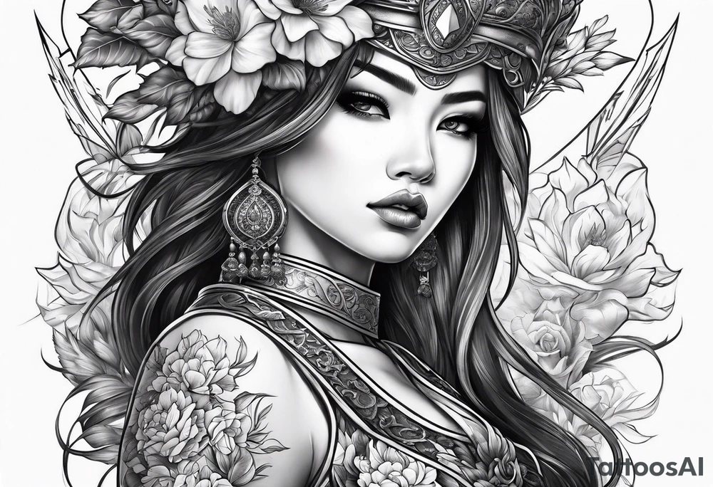 ornate beautiful woman warrior with weapon floral  tattoo tattoo idea