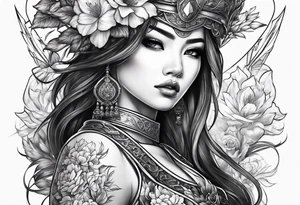 ornate beautiful woman warrior with weapon floral  tattoo tattoo idea