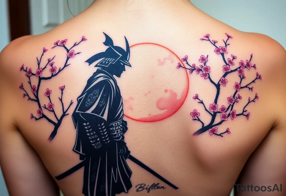 noble samurai warrior silhouette at sunset with cherry blossoms tattoo idea