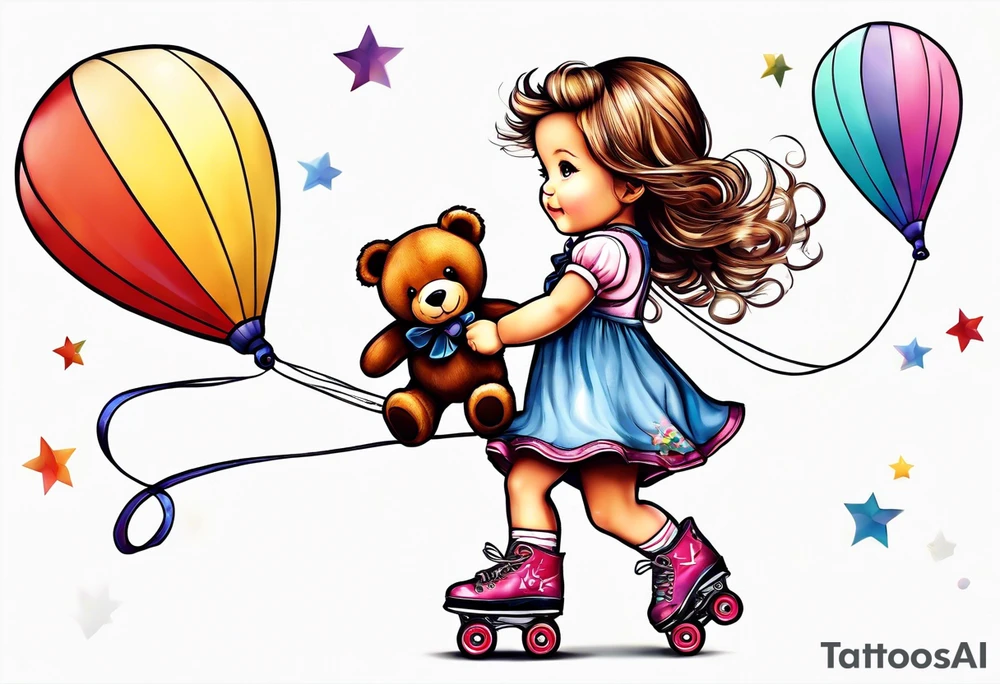 a little girl in a dress standing with a teddy bear in roller skates, flying a kite tattoo idea