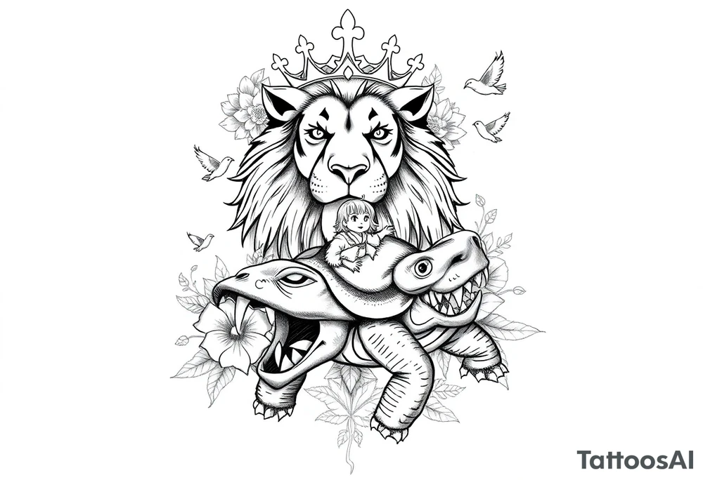 powerful majestic lion with a crown, surrounded by floral ornaments and birds an angry turtle with huge teeth and a tiny hobbit like person riding on the back tattoo idea