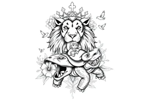 powerful majestic lion with a crown, surrounded by floral ornaments and birds an angry turtle with huge teeth and a tiny hobbit like person riding on the back tattoo idea