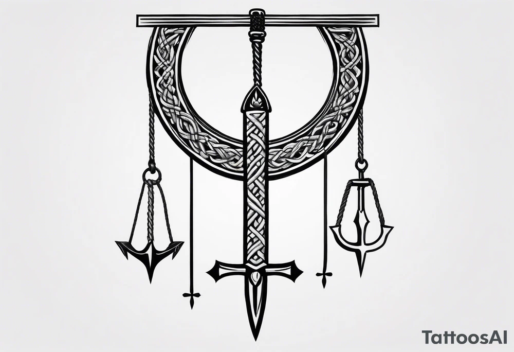 A rope that surrounds the shoulder girdle, with a pen, an ankh, and a straight-dagger hanging by a string, down onto the arm, but not passing the shoulder tattoo idea