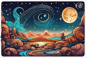 Matter, energy, space, time with an old stone theta symbol and a star-filled night in the background with a Scorpio constellation tattoo idea