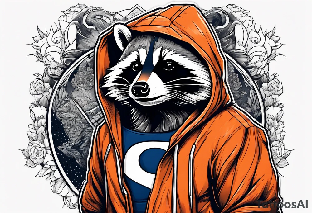 Raccoon wearing an orange Superman hoodie tattoo idea