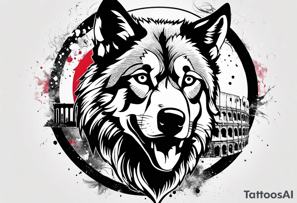 Abstract trash polka style tattoo with a wolf and the Roman Colosseum. tattoo idea