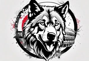 Abstract trash polka style tattoo with a wolf and the Roman Colosseum. tattoo idea