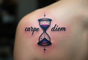 Elegant serif black ink "carpe diem" paired with a purple hourglass filled with stars, hinting at cosmic time on the back side of calf tattoo idea