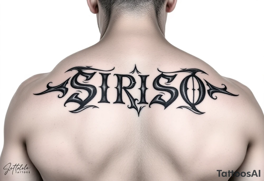 Tribal font like Dave Bautista tattoo saying “SIRISO” on bicep tattoo idea