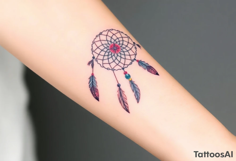 native dreamcatcher with flowing feathers and sacred beads tattoo idea