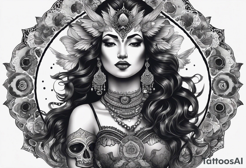 black kali, goddess pirate, alien, angel, pachamama, valkrye, warrior, flying, skull, lotus azul, wing, eagle, zenza resonance, stars, 5D, anahata chakra, death, durga, riding on a tiger, flying lady, kundalini, chest tatoo, samuri, rebel, serpent tattoo idea