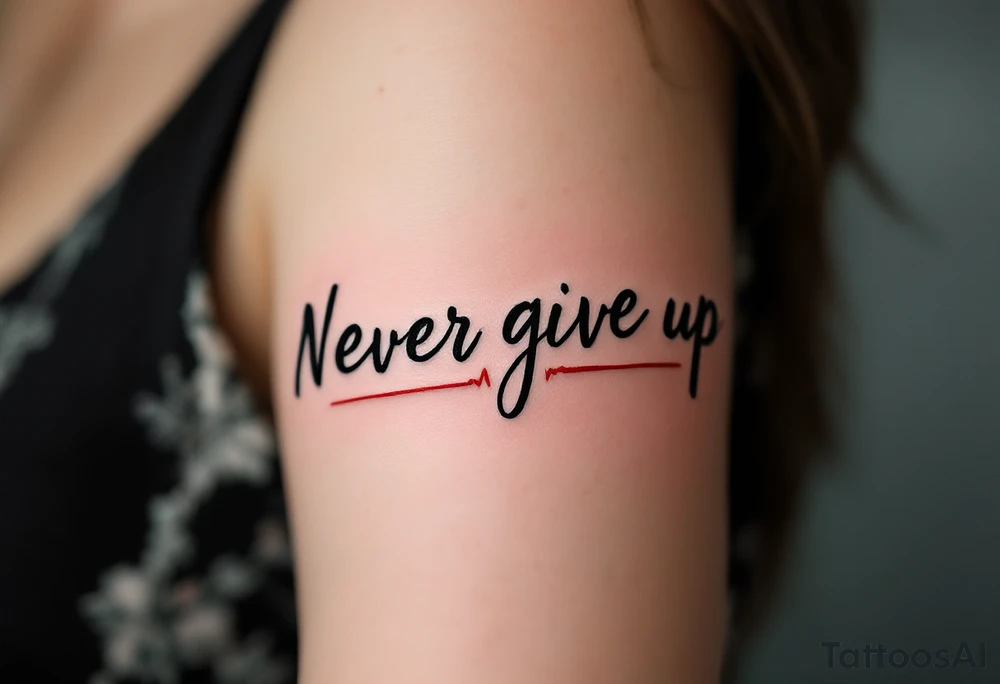 "Never give up" written in black brushstroke script with a red heartbeat line running underneath. tattoo idea