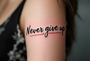 "Never give up" written in black brushstroke script with a red heartbeat line running underneath. tattoo idea