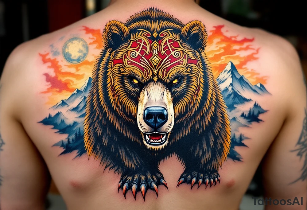 Slavic Bear – A giant bear with piercing amber eyes, decorated with red and gold war markings, standing before a mountain under a burning sky. tattoo idea