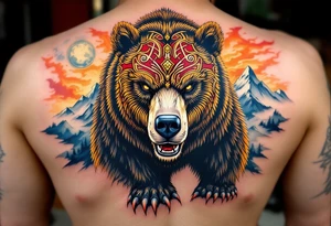 Slavic Bear – A giant bear with piercing amber eyes, decorated with red and gold war markings, standing before a mountain under a burning sky. tattoo idea
