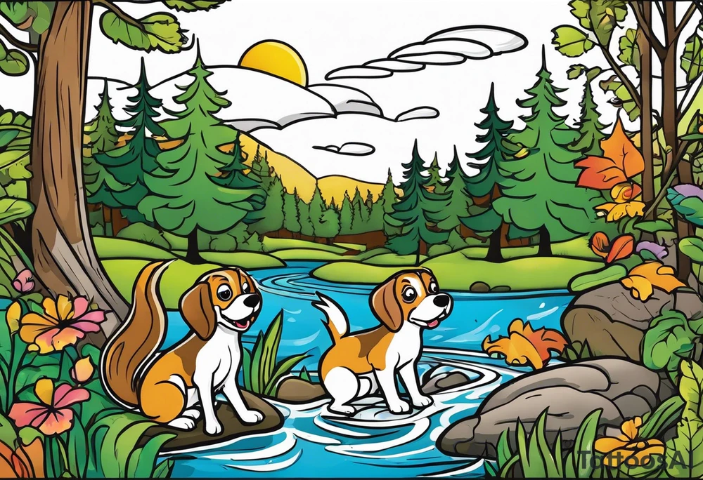 River swamp with beagles squirrel hunting tattoo idea