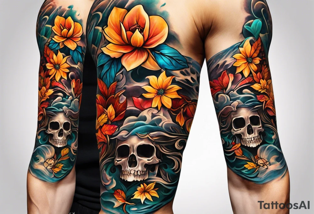 arm sleeve with fall colors, flowers, water flow shapes, leaves and various natural shapes, music notes, skulls tattoo idea